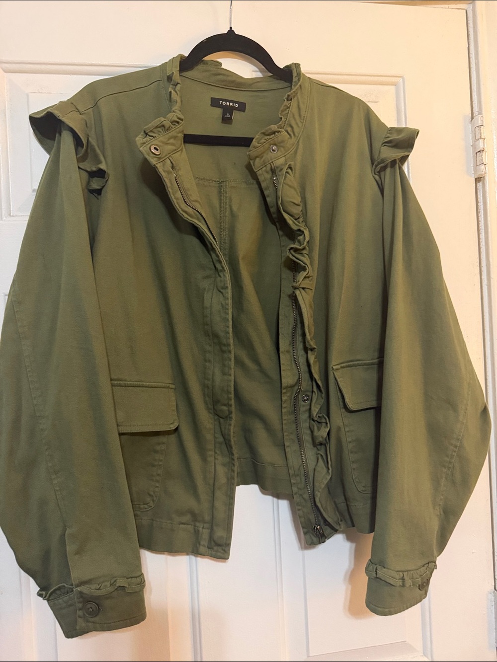 torrid Olive Ruffle-Trim Utility Jacket